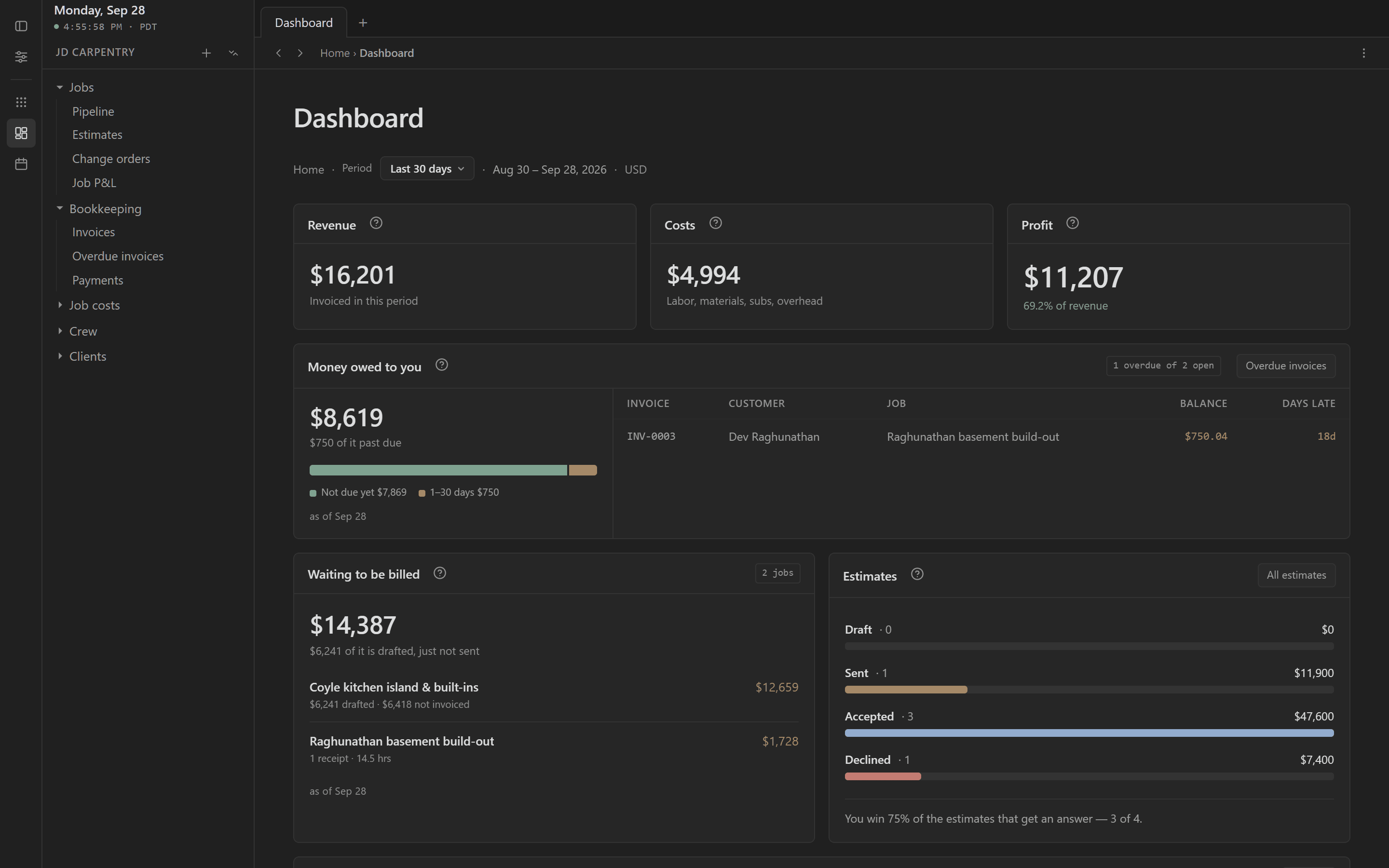 The Statibly dashboard: revenue, costs and profit for the last 30 days, money owed, what's waiting to be billed, estimates, and cost against contract value for each job.